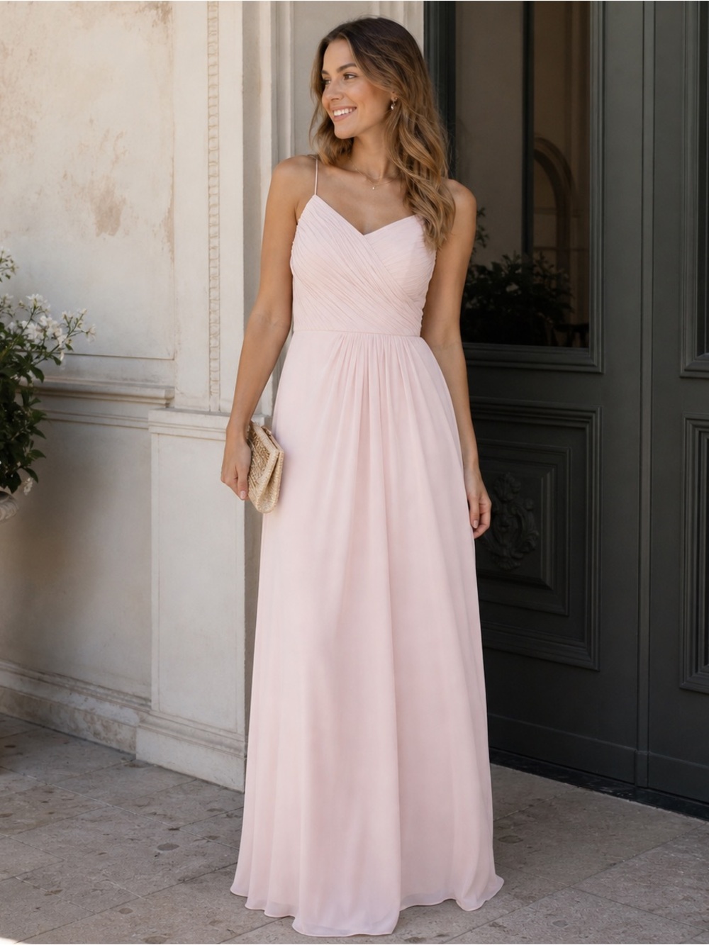 Adrianna papell Weddington Way camille Pleated V Neck gown blush fairy May sale